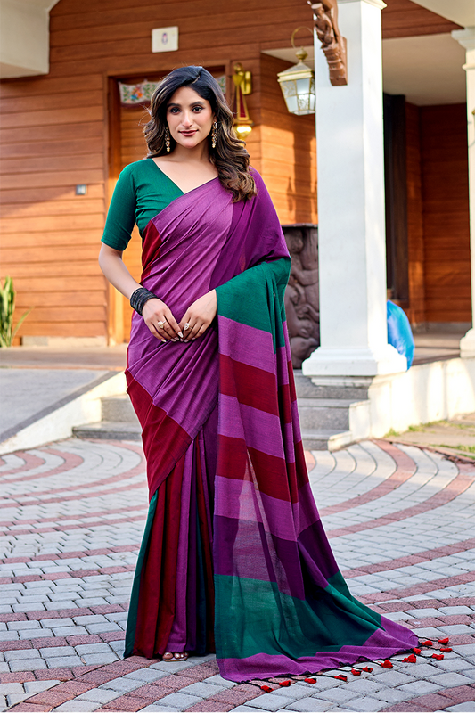 Wine Purple & Bottle Green Pure Handloom Cotton Saree