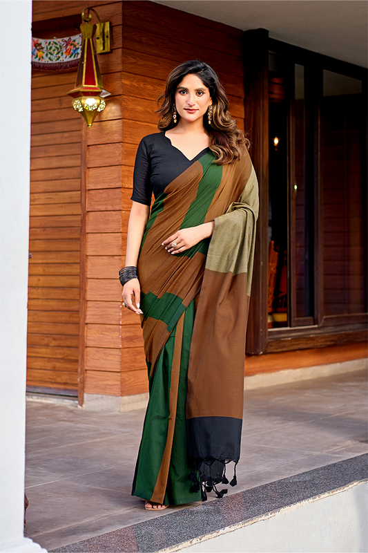 Bottle Green & Brown Pure Handloom Cotton Saree
