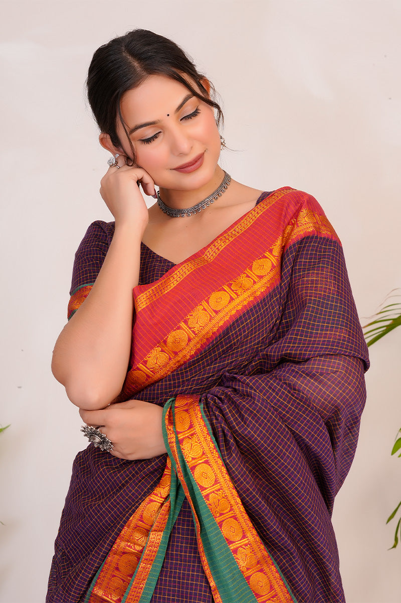 Deep Purple & Mustard  Handloom Narayanpet Cotton Saree