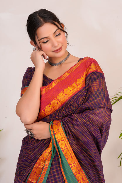 Deep Purple & Mustard  Handloom Narayanpet Cotton Saree