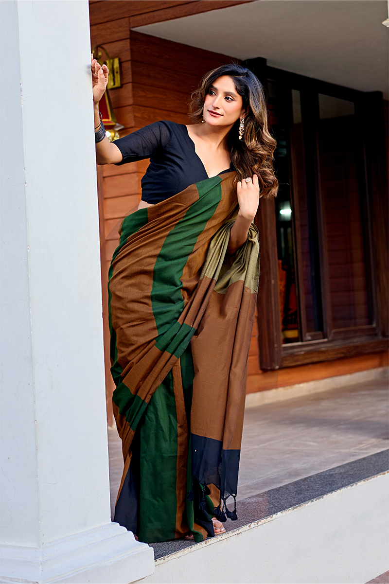 Bottle Green & Brown Pure Handloom Cotton Saree