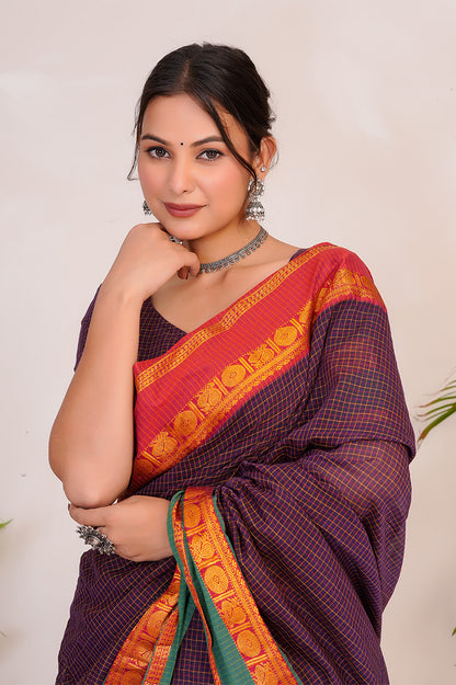 Deep Purple & Mustard  Handloom Narayanpet Cotton Saree