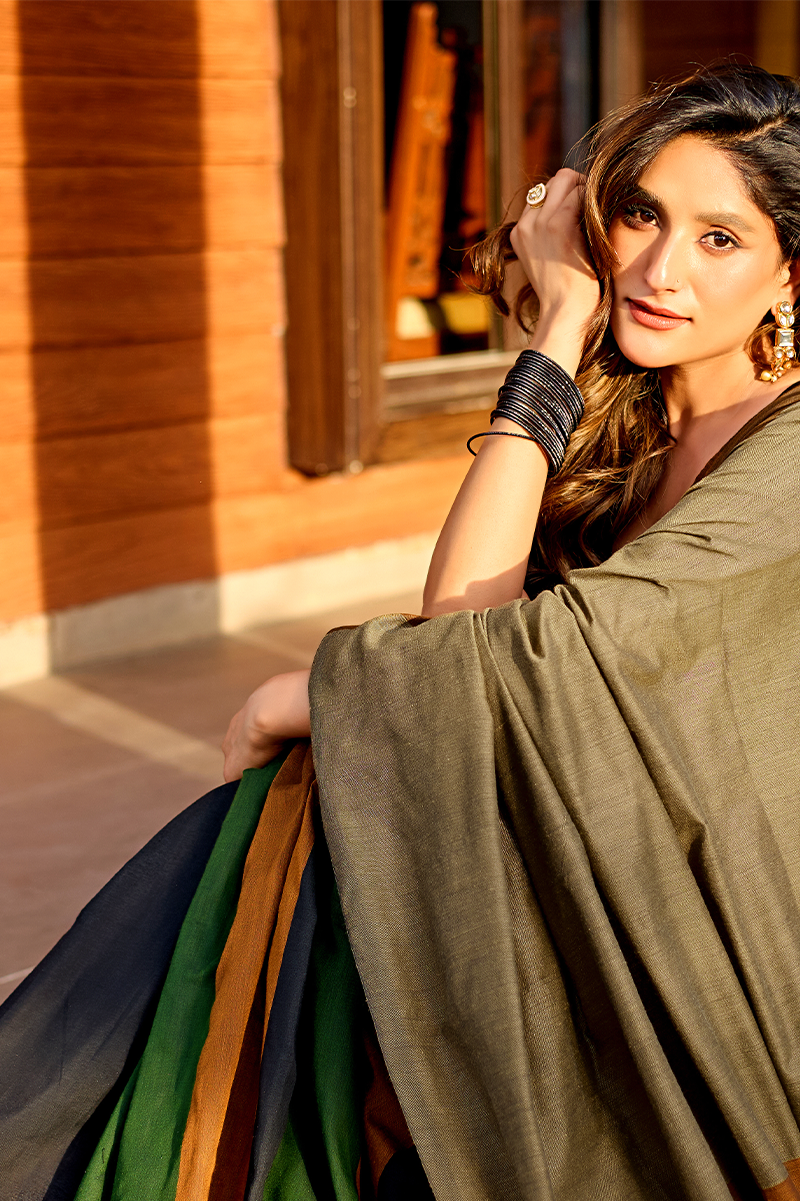 Bottle Green & Brown Pure Handloom Cotton Saree