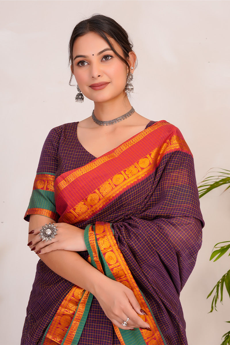 Deep Purple & Mustard  Handloom Narayanpet Cotton Saree