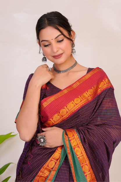 Deep Purple & Mustard  Handloom Narayanpet Cotton Saree
