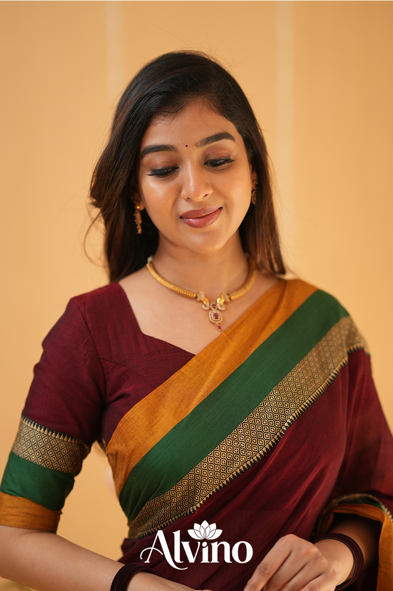 Marron Handloom Narayanpet Cotton Saree