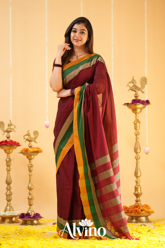 Marron Handloom Narayanpet Cotton Saree