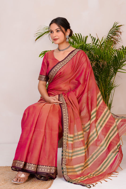 Rose Pink & Gold  Handloom Narayanpet Cotton Saree