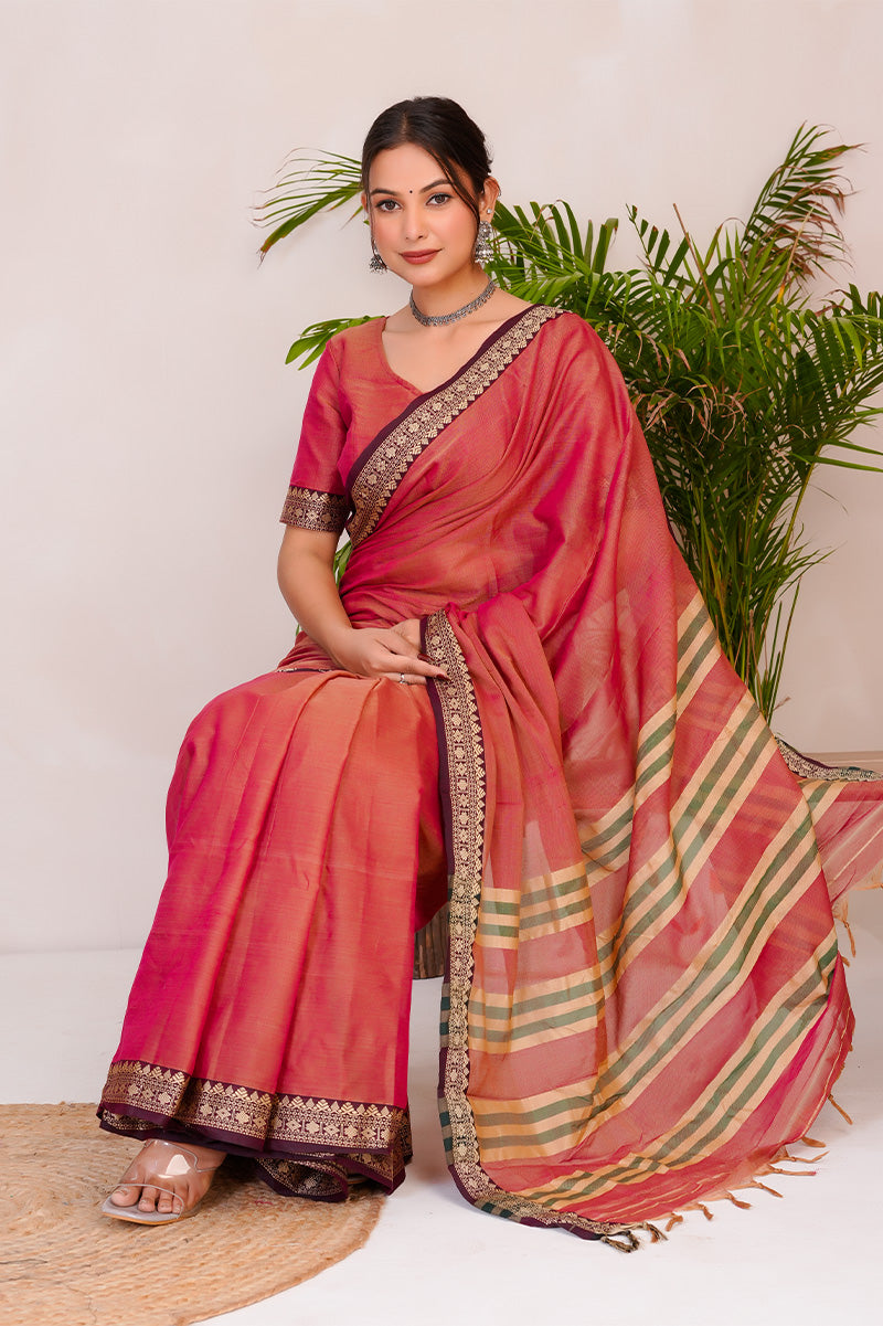 Rose Pink & Gold  Handloom Narayanpet Cotton Saree