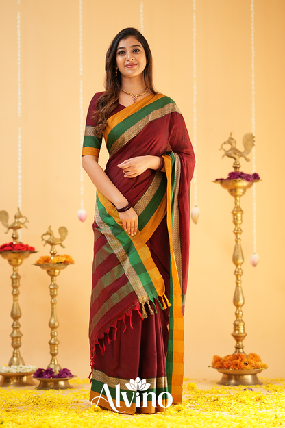 Marron Handloom Narayanpet Cotton Saree