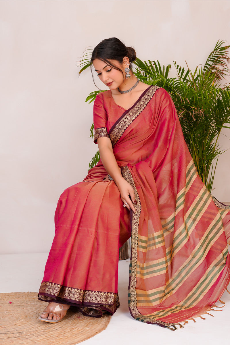 Rose Pink & Gold  Handloom Narayanpet Cotton Saree
