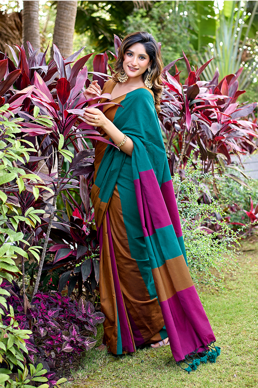 Teal Green & Magenta Pure Handloom Cotton Saree