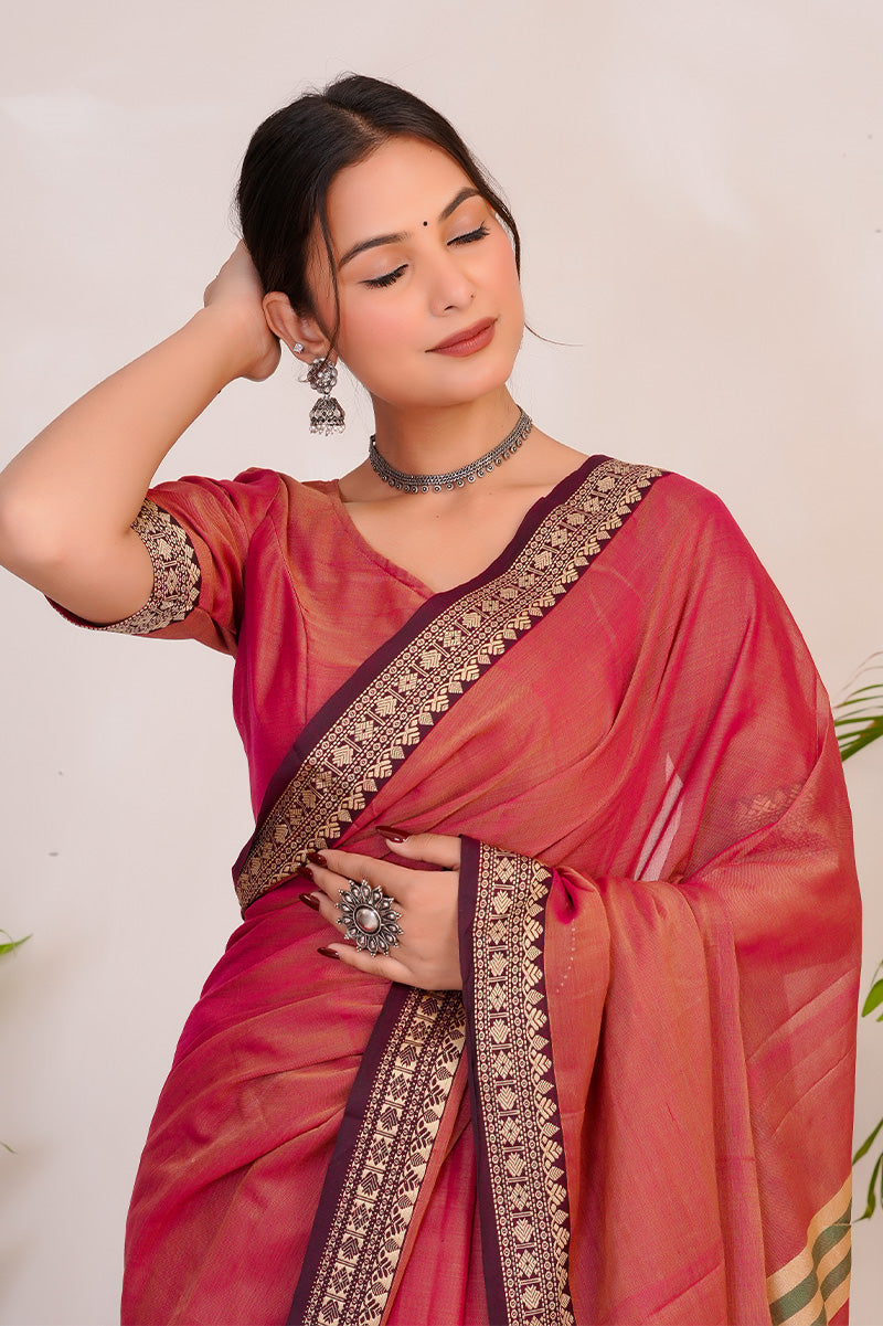 Rose Pink & Gold  Handloom Narayanpet Cotton Saree