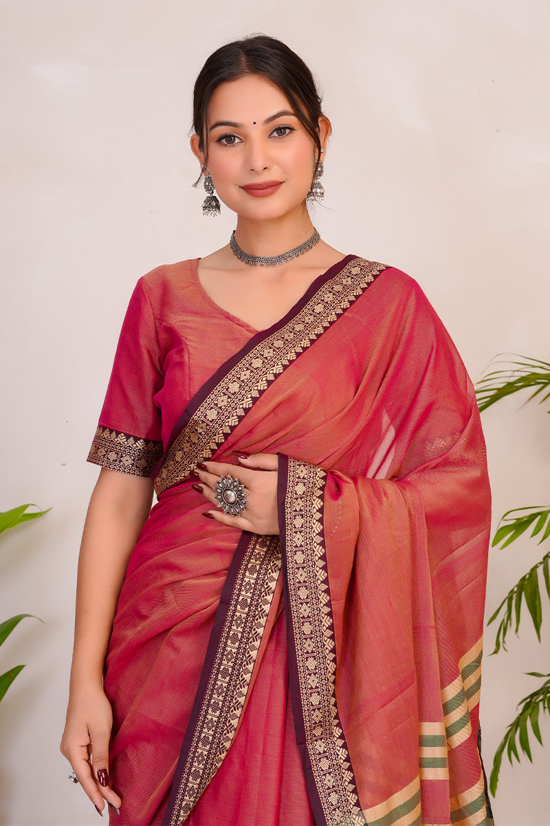 Rose Pink & Gold  Handloom Narayanpet Cotton Saree