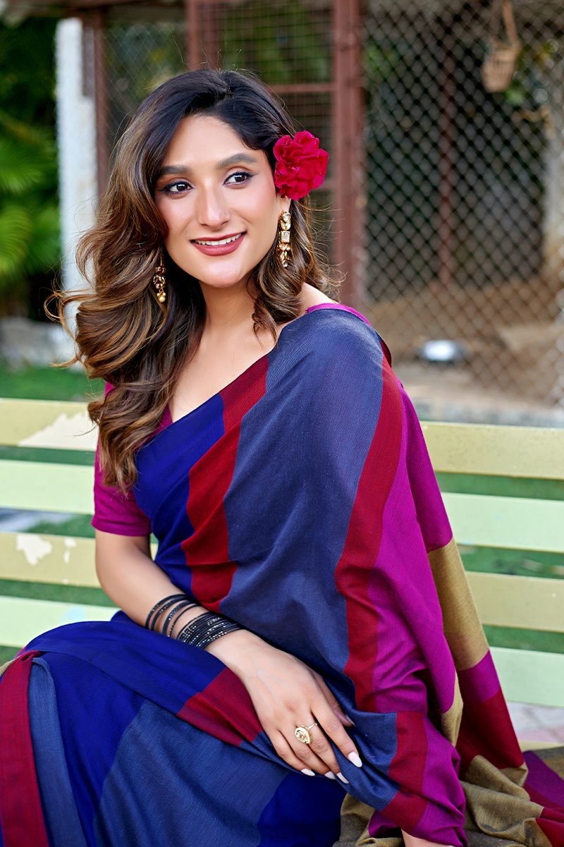 Royal Blue, Magenta & Gold Pure Handloom Cotton Saree