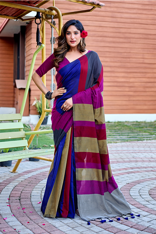Royal Blue, Magenta & Gold Pure Handloom Cotton Saree