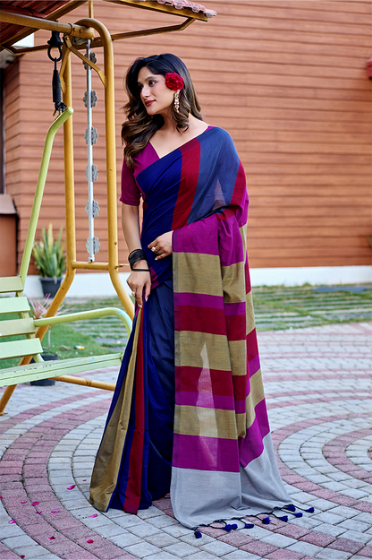 Royal Blue, Magenta & Gold Pure Handloom Cotton Saree