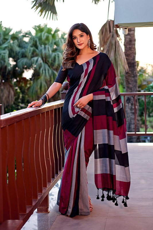 Black Maroon & Grey Pure Handloom Cotton Saree
