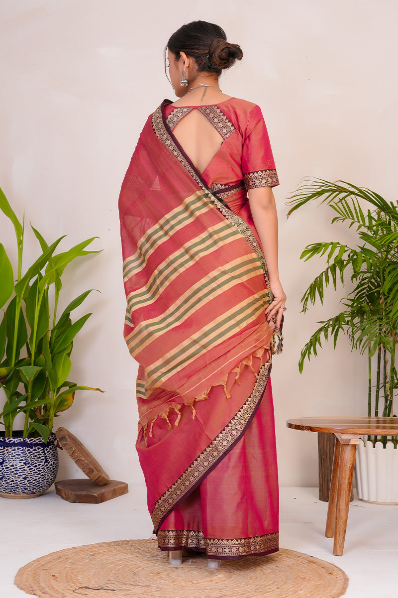Rose Pink & Gold  Handloom Narayanpet Cotton Saree