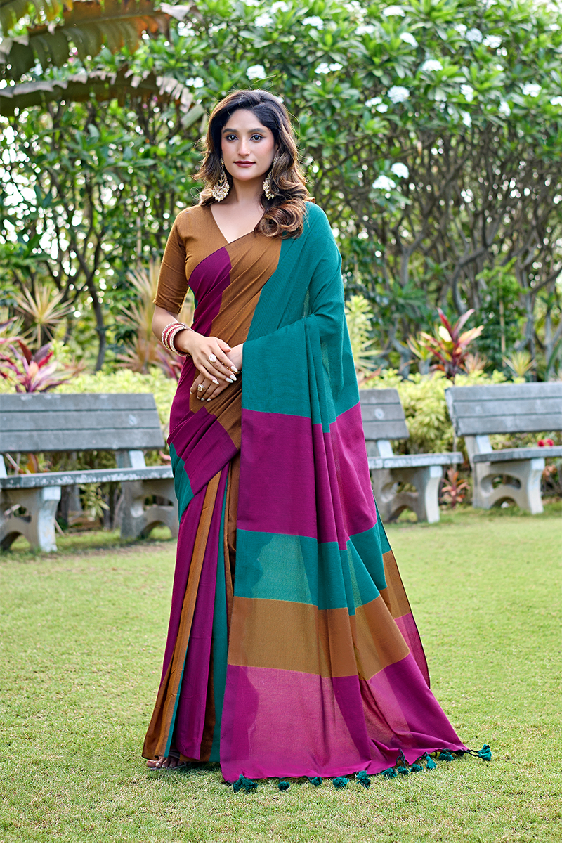 Teal Green & Magenta Pure Handloom Cotton Saree