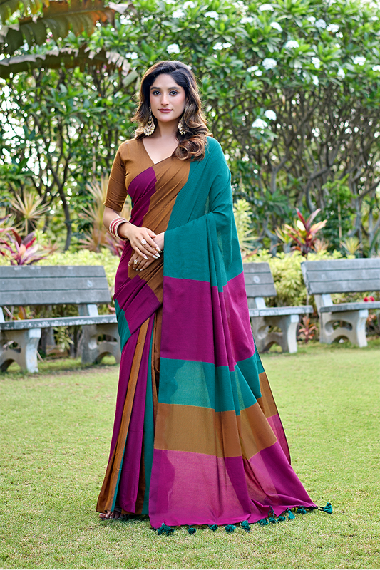Teal Green & Magenta Pure Handloom Cotton Saree