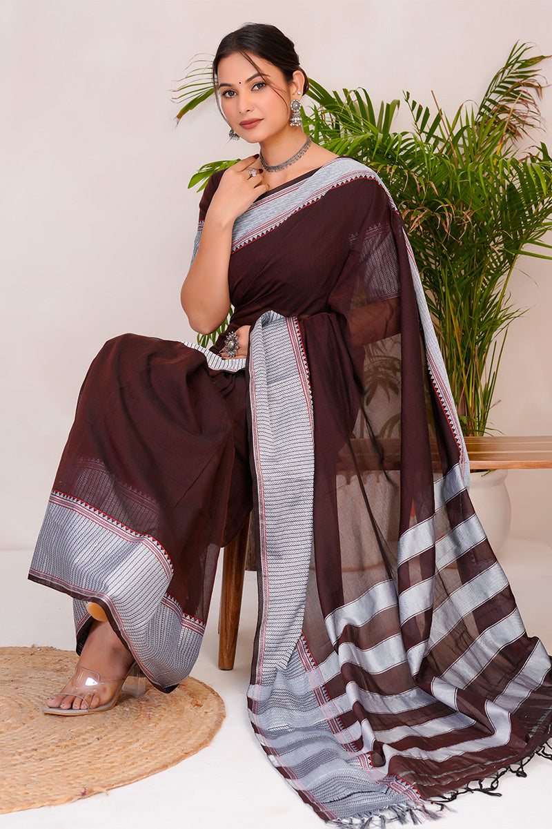 Deep Wine & Silver  Handloom Narayanpet Cotton Saree