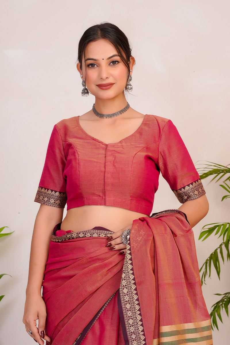 Rose Pink & Gold  Handloom Narayanpet Cotton Saree
