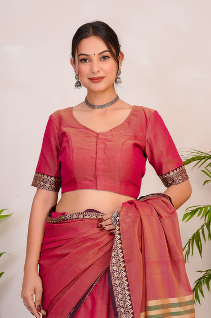 Rose Pink & Gold  Handloom Narayanpet Cotton Saree