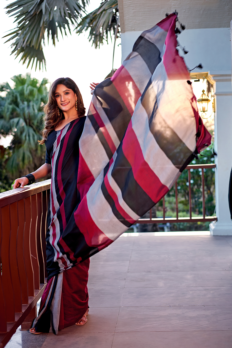 Black Maroon & Grey Pure Handloom Cotton Saree