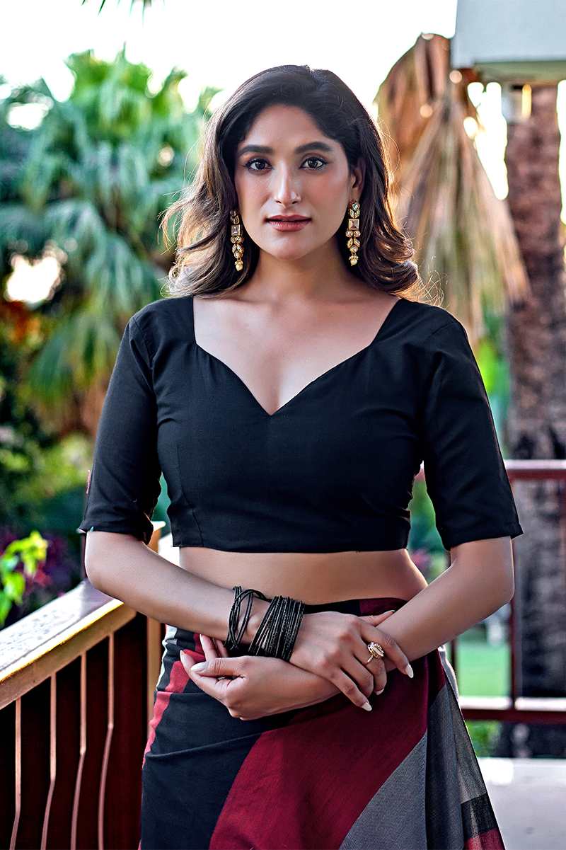 Black Maroon & Grey Pure Handloom Cotton Saree
