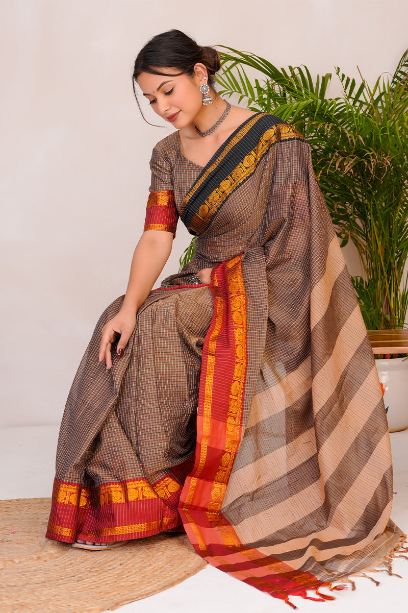 Earth Brown & Rust  Handloom Narayanpet Cotton Saree