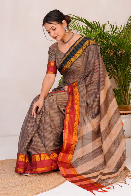 Earth Brown & Rust  Handloom Narayanpet Cotton Saree