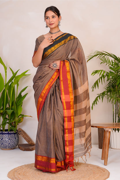 Earth Brown & Rust  Handloom Narayanpet Cotton Saree