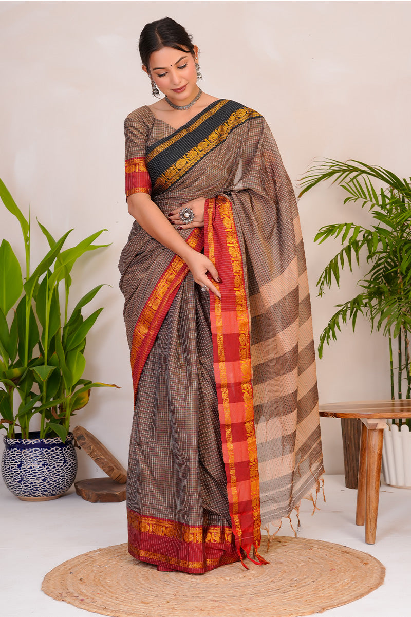 Earth Brown & Rust  Handloom Narayanpet Cotton Saree