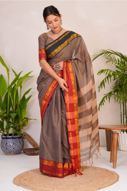 Earth Brown & Rust  Handloom Narayanpet Cotton Saree