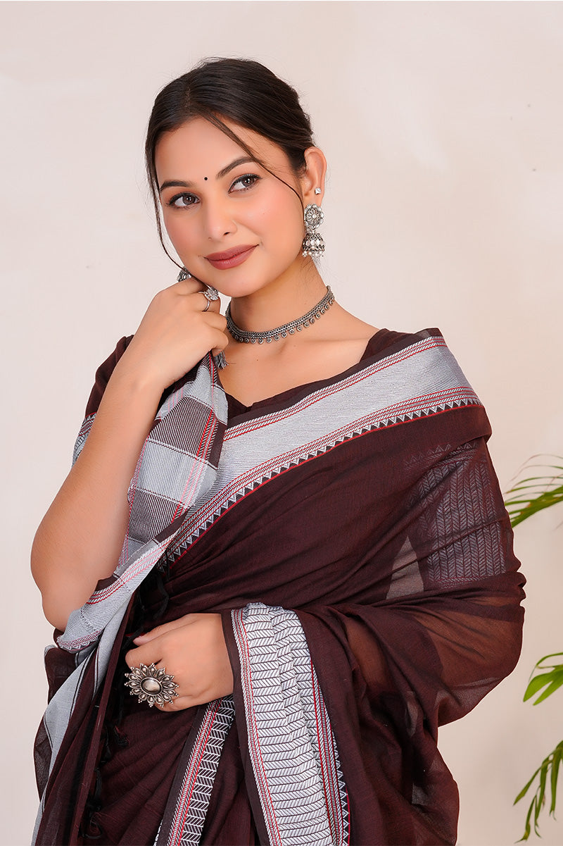 Deep Wine & Silver  Handloom Narayanpet Cotton Saree