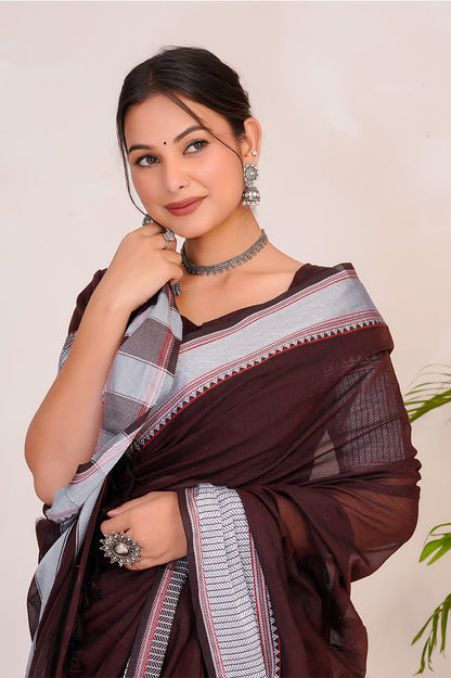 Deep Wine & Silver  Handloom Narayanpet Cotton Saree