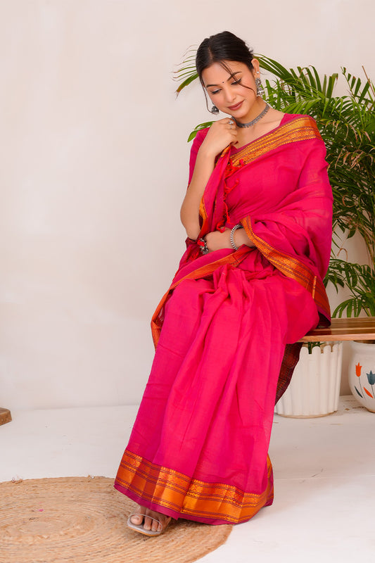 Rani Pink & Orange  Handloom Narayanpet Cotton Saree
