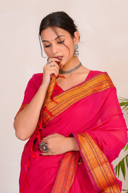 Rani Pink & Orange  Handloom Narayanpet Cotton Saree