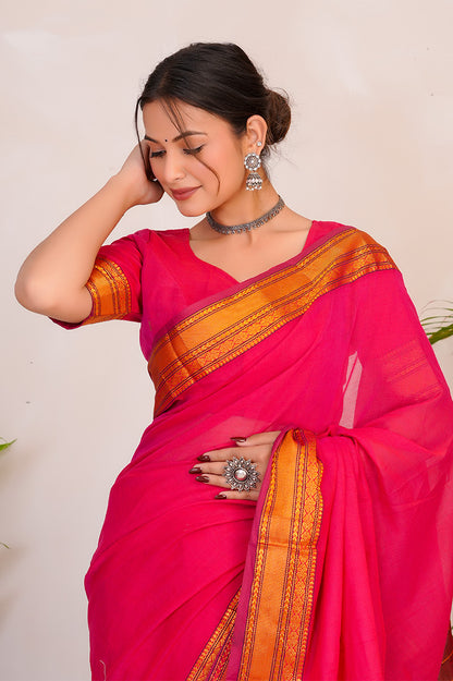 Rani Pink & Orange  Handloom Narayanpet Cotton Saree