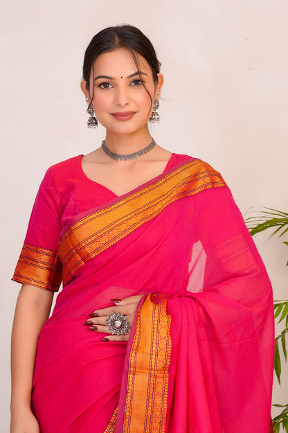 Rani Pink & Orange  Handloom Narayanpet Cotton Saree