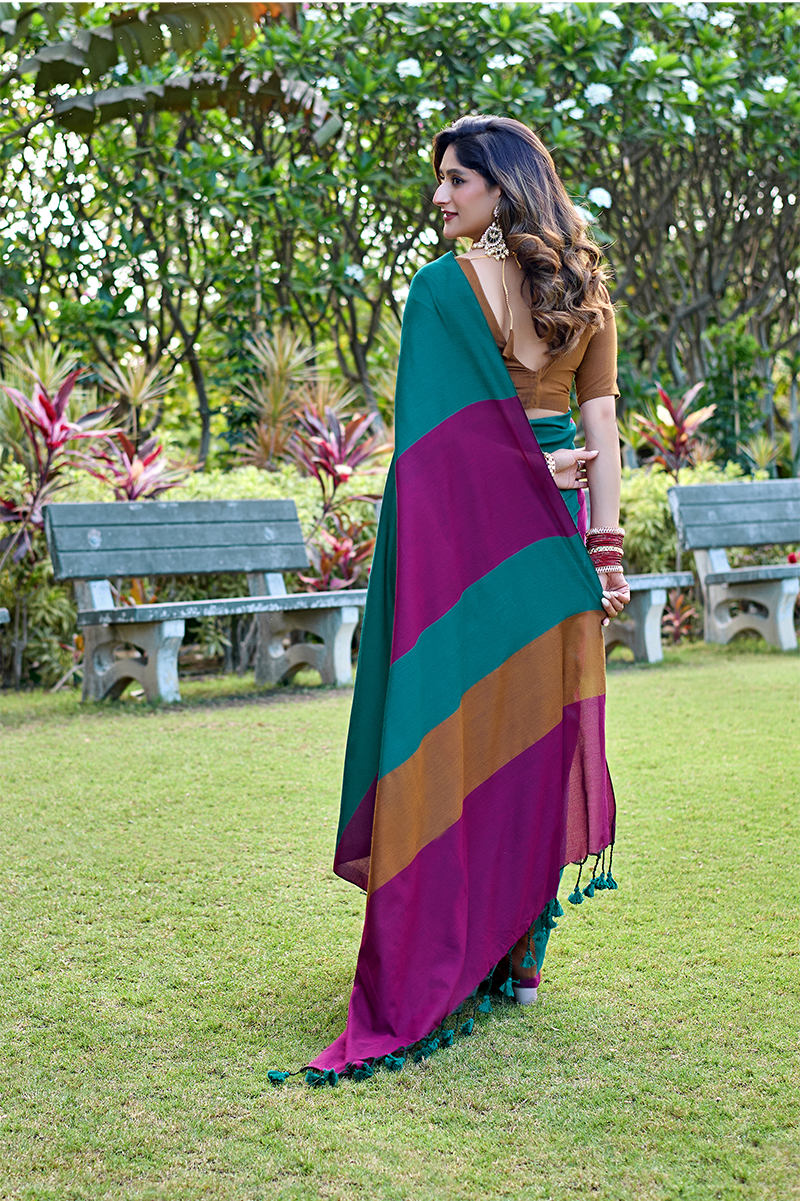 Teal Green & Magenta Pure Handloom Cotton Saree