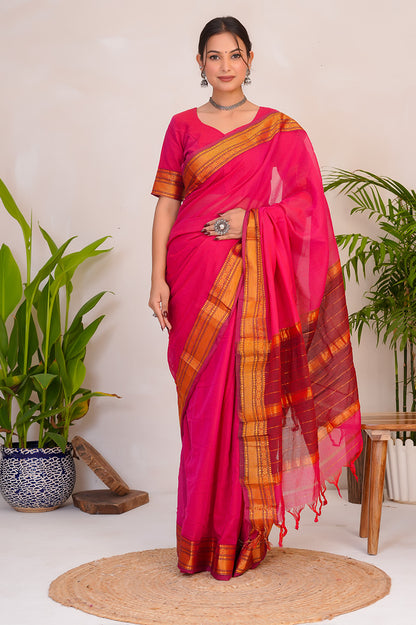Rani Pink & Orange  Handloom Narayanpet Cotton Saree