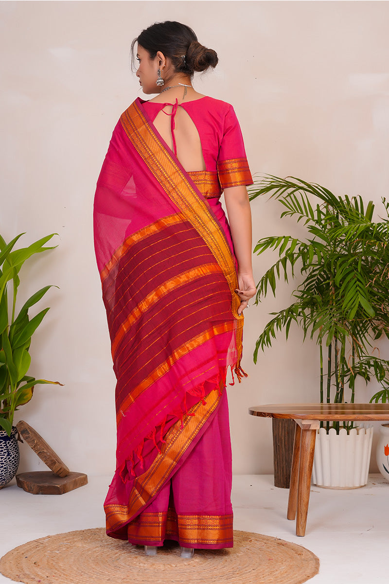Rani Pink & Orange  Handloom Narayanpet Cotton Saree