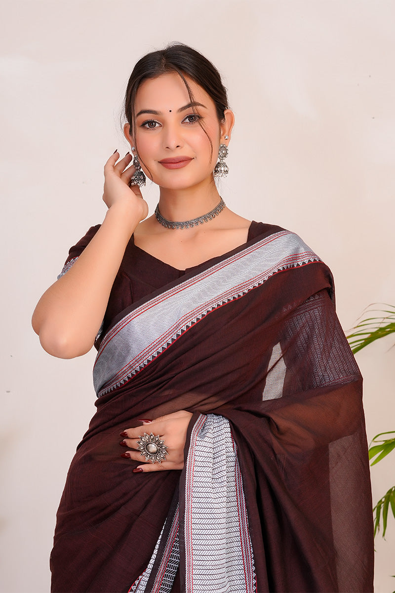 Deep Wine & Silver  Handloom Narayanpet Cotton Saree