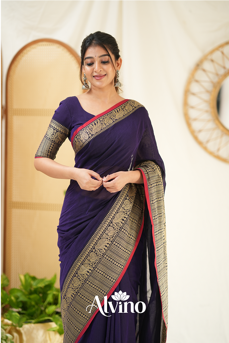Deep Purple Handloom Narayanpet Cotton Saree