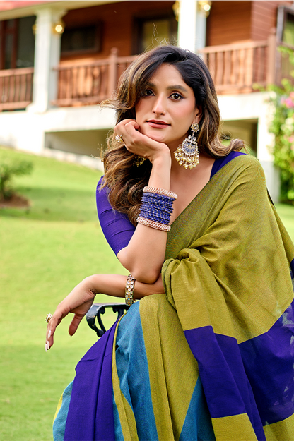 Olive Green & Blue Pure Handloom Cotton Saree