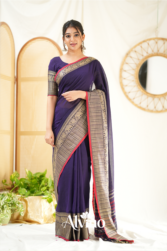 Deep Purple Handloom Narayanpet Cotton Saree