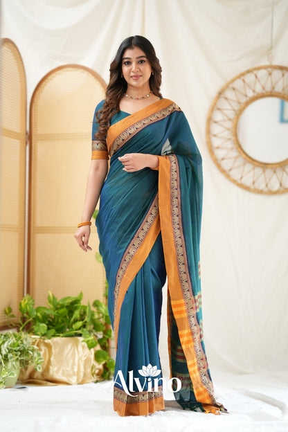 Teal Handloom  Narayanpet Cotton Saree