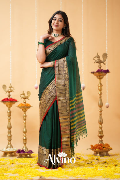 Dark Green Handloom  Narayanpet Cotton Saree